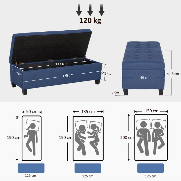 Banco de Armazenamento Acolchoado Banco Estofado em Linho Tampa com Abertura para Sala de Estar Entrada Dormitório Carga Máxima 120 kg 125x49x41,5 cm Azul Escuro