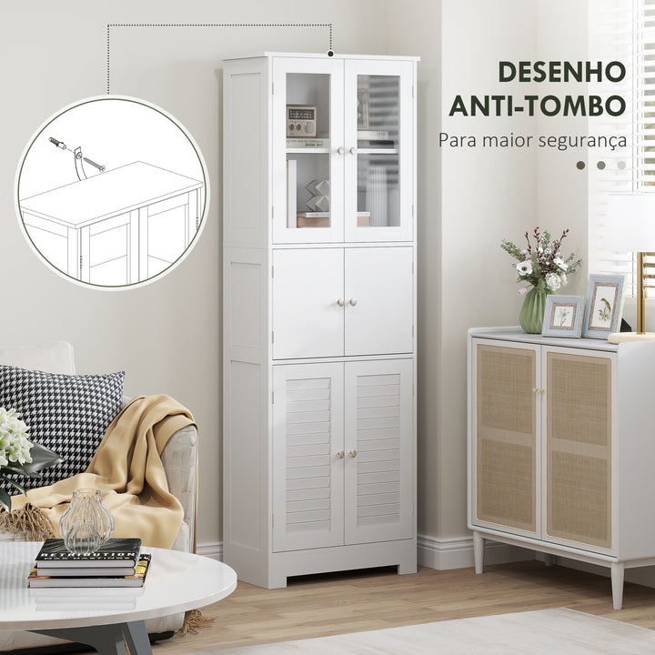 Coluna de Casa de Banho Móvel Auxiliar para Casa de Banho com 6 Portas Prateleiras Ajustáveis Anti-tombo Armário de Casa de Banho Moderno 60x30x170,5 cm Branco