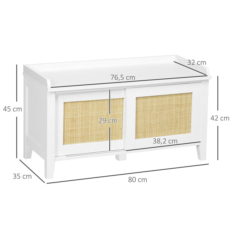 Banco Sapateira Móvel Sapateira com Banco 2 Portas de Vime Estilo Boémio Carga Máxima 130 kg para Corredor Entrada 80x35x45 cm Branco e Bege