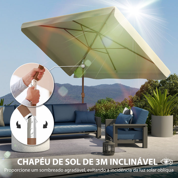 Chapéu de Sol de Jardim 300x200 cm Chapéu de Sol de Exterior com Ângulo Ajustável Mastro de Alumínio Manivela e Proteção UV 50+ Chapéu de Sol para Jardim Pátio Bege