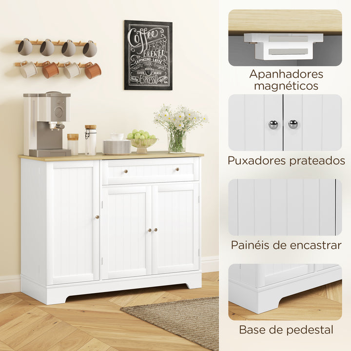 Aparador de Cozinha Armário de Cozinha com Prateleiras Gaveta Portas Magnéticas Prateleiras Ajustáveis Aparador para Sala de Jantar 105x40x83 cm Branco e Madeira