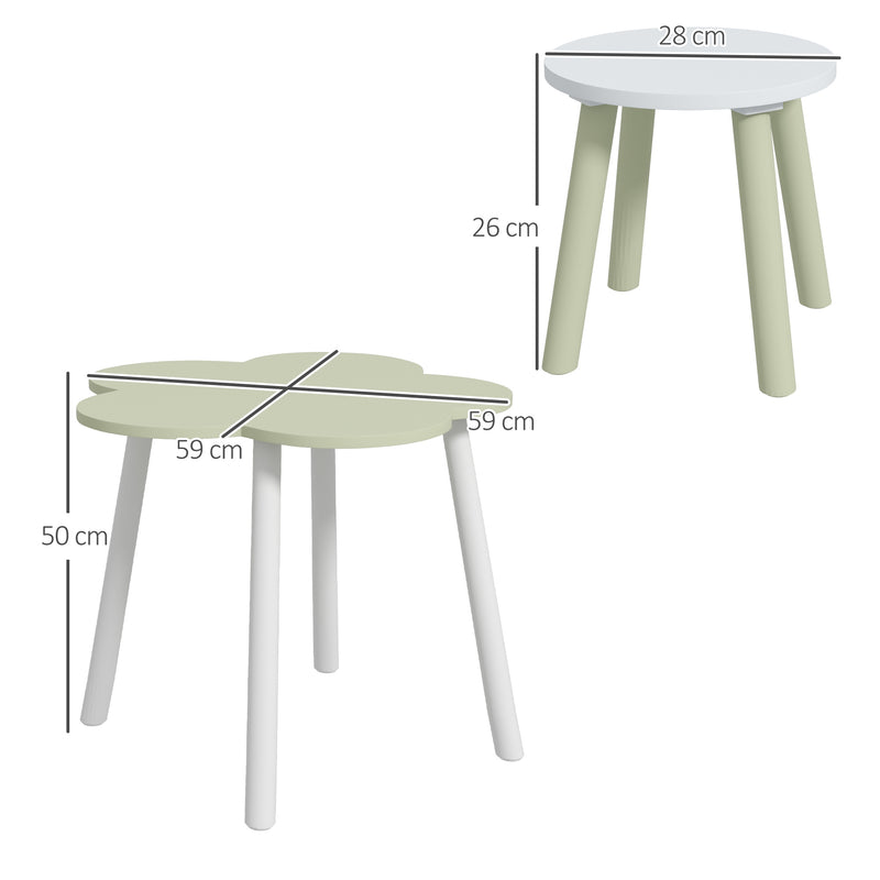 Conjunto de Mesa e 2 Cadeira para Crianças Mesa com Cadeiras para Crianças de 2-5 Anos Mesa com Forma de Flor Ø59x50 cm e Cadeiras Ø28x26 cm para Dormitório Sala de Estar Verde Pastel e Branco