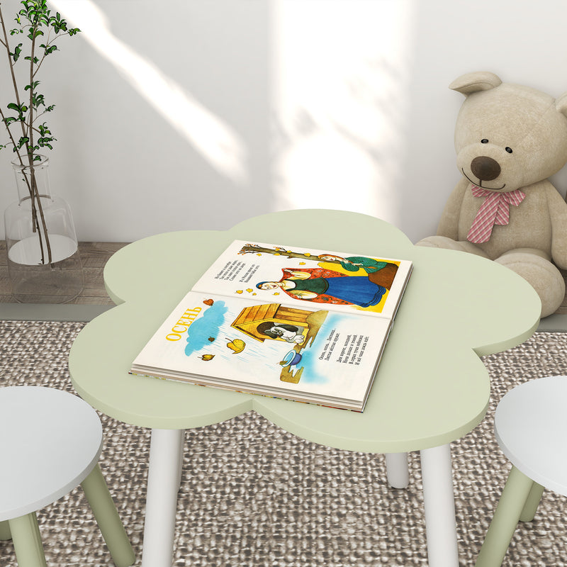 Conjunto de Mesa e 2 Cadeira para Crianças Mesa com Cadeiras para Crianças de 2-5 Anos Mesa com Forma de Flor Ø59x50 cm e Cadeiras Ø28x26 cm para Dormitório Sala de Estar Verde Pastel e Branco