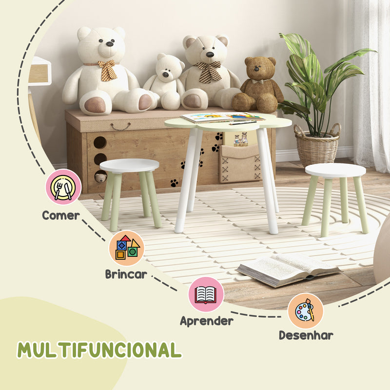 Conjunto de Mesa e 2 Cadeira para Crianças Mesa com Cadeiras para Crianças de 2-5 Anos Mesa com Forma de Flor Ø59x50 cm e Cadeiras Ø28x26 cm para Dormitório Sala de Estar Verde Pastel e Branco