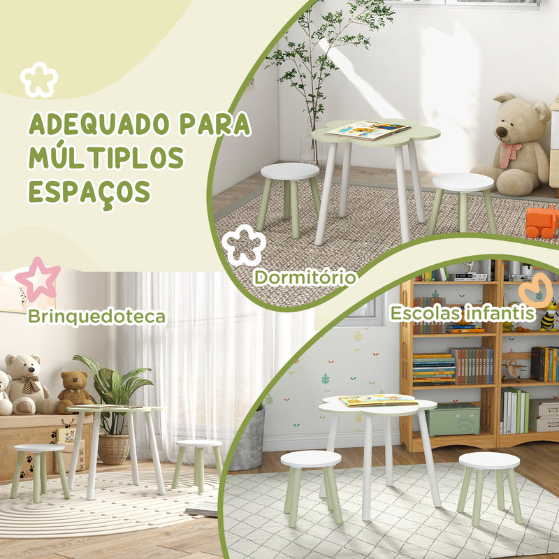 Conjunto de Mesa e 2 Cadeira para Crianças Mesa com Cadeiras para Crianças de 2-5 Anos Mesa com Forma de Flor Ø59x50 cm e Cadeiras Ø28x26 cm para Dormitório Sala de Estar Verde Pastel e Branco