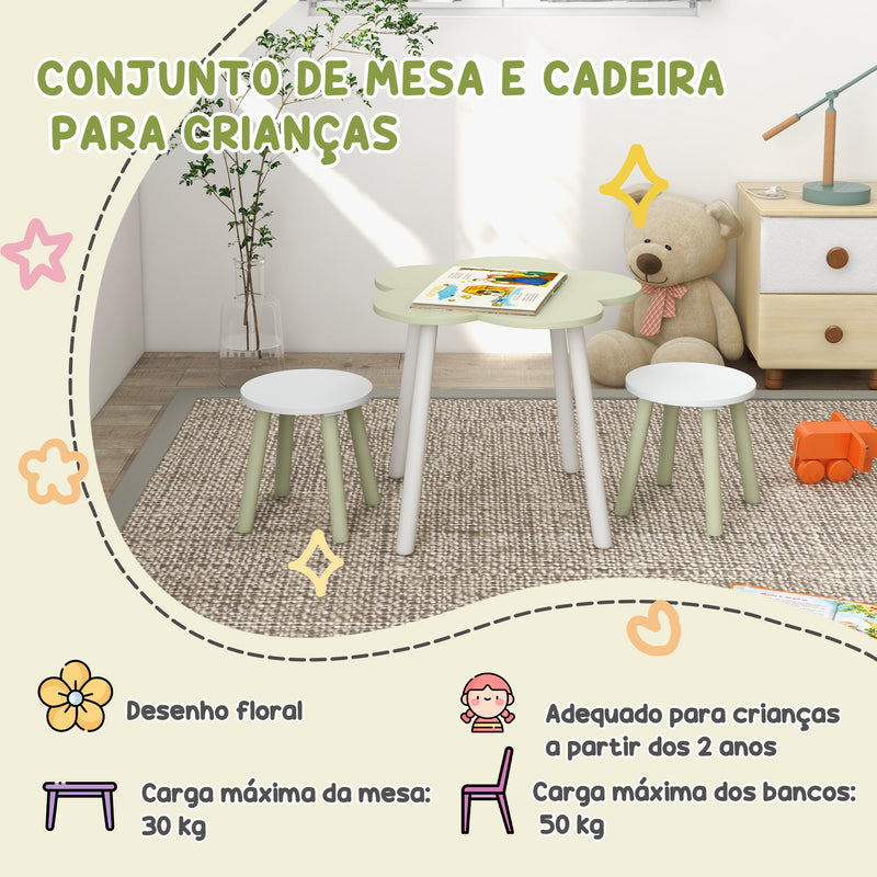 Conjunto de Mesa e 2 Cadeira para Crianças Mesa com Cadeiras para Crianças de 2-5 Anos Mesa com Forma de Flor Ø59x50 cm e Cadeiras Ø28x26 cm para Dormitório Sala de Estar Verde Pastel e Branco