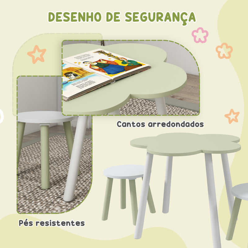 Conjunto de Mesa e 2 Cadeira para Crianças Mesa com Cadeiras para Crianças de 2-5 Anos Mesa com Forma de Flor Ø59x50 cm e Cadeiras Ø28x26 cm para Dormitório Sala de Estar Verde Pastel e Branco