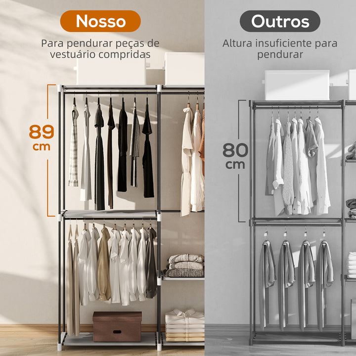 Armário de Roupa Aberto 142x43x185 cm Armário para Roupas com 4 Prateleiras de Tecido 3 Barras para Pendurar e Estrutura de Metal para Quarto Sala Closet Cinzento