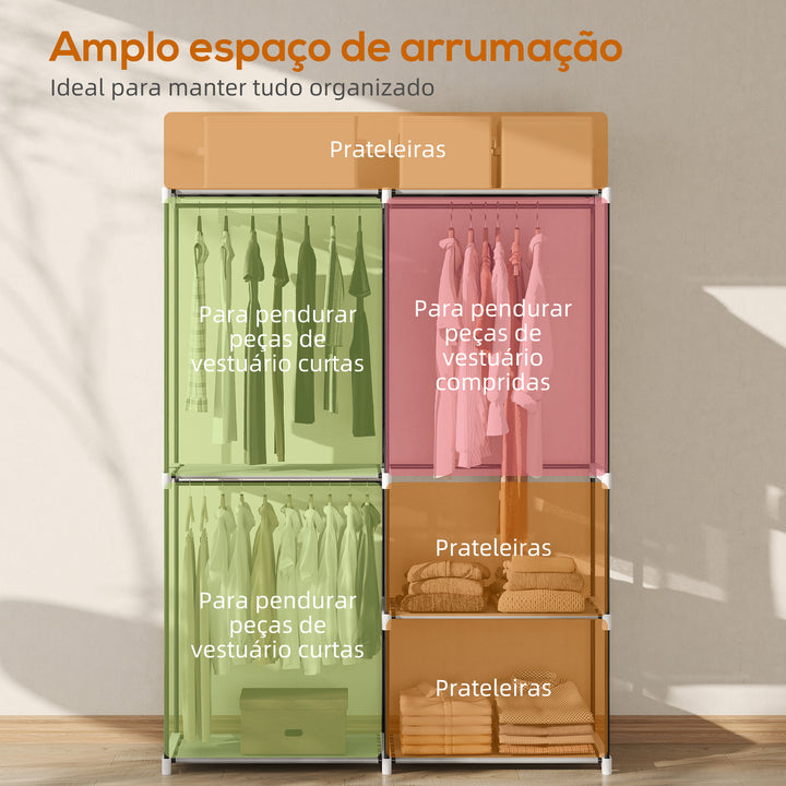 Armário de Roupa Aberto 142x43x185 cm Armário para Roupas com 4 Prateleiras de Tecido 3 Barras para Pendurar e Estrutura de Metal para Quarto Sala Closet Cinzento