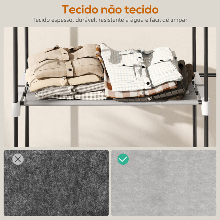 Armário de Roupa Aberto 142x43x185 cm Armário para Roupas com 4 Prateleiras de Tecido 3 Barras para Pendurar e Estrutura de Metal para Quarto Sala Closet Cinzento