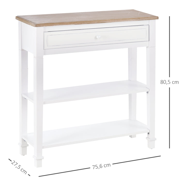 Mesa consola com 2 prateleiras 1 Gaveta Retro Removível 75,6x27,5x80,5 cm Branco