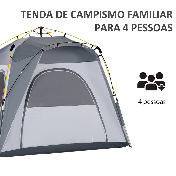 Tenda de Campismo para 4 Pessoas Tenda de Campismo Pop UP com 4 Janelas 2 Bolsos de Armazenamento e Bolsa de Transporte 240x240x199 cm Cinza