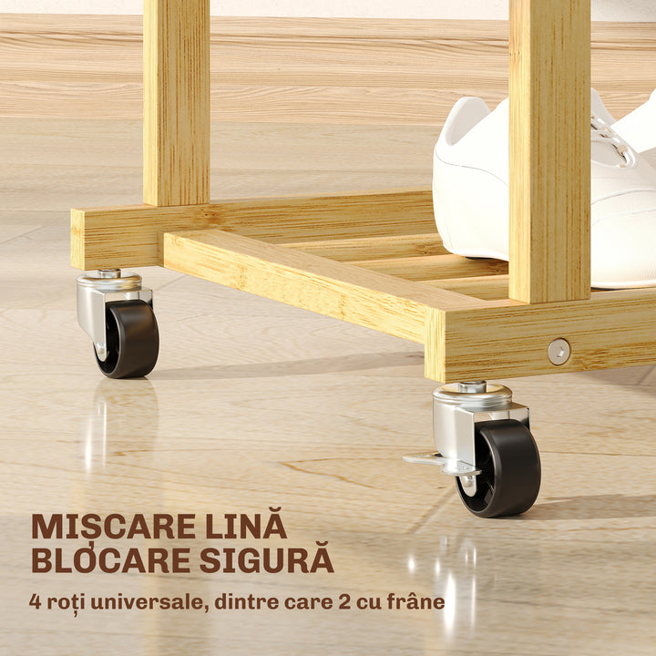 Charriot com Rodas de Bambu Charriot de Roupa com Sapateira 2 Barras para Pendurar para Entrada Corredor Quarto 80x40x160 cm Madeira