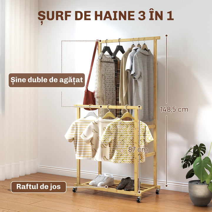 Charriot com Rodas de Bambu Charriot de Roupa com Sapateira 2 Barras para Pendurar para Entrada Corredor Quarto 80x40x160 cm Madeira