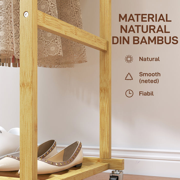 Charriot com Rodas de Bambu Charriot de Roupa com Sapateira 2 Barras para Pendurar para Entrada Corredor Quarto 80x40x160 cm Madeira