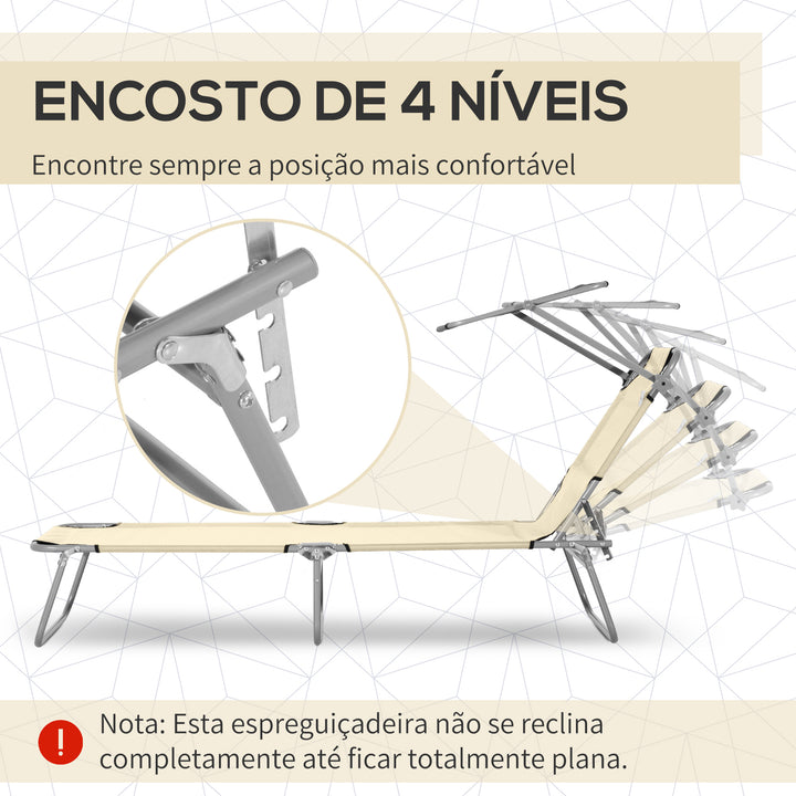 Espreguiçadeira de Jardim Dobrável com Toldo Removível e Ajustável em Ângulo e Encosto Ajustável em 4 Posições para Jardim Terraço Campismo Exterior 187x58x36 cm Bege