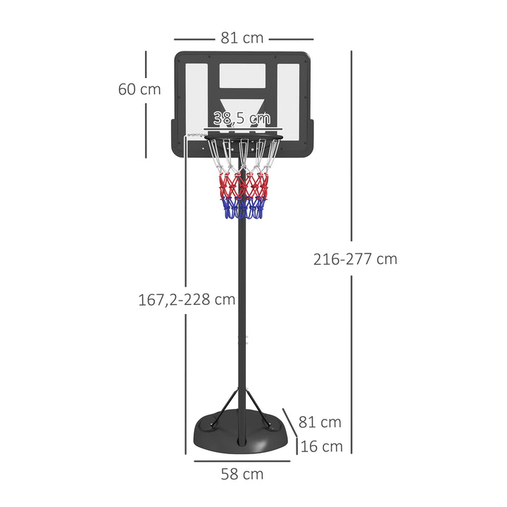Tabela de Basquetebol com Altura Ajustável 216-277 cm Aro de Basquetebol para Exterior com Rodas e Base Recarregável para Adolescentes Preto