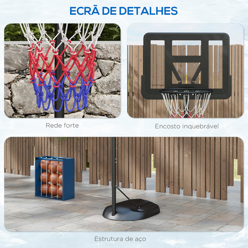 Tabela de Basquetebol com Altura Ajustável 216-277 cm Aro de Basquetebol para Exterior com Rodas e Base Recarregável para Adolescentes Preto