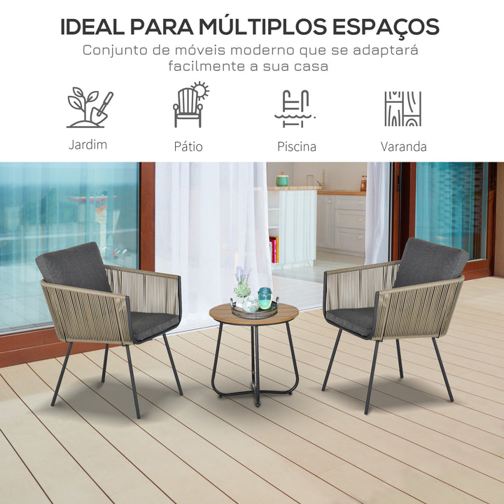 Conjunto de móveis de vime 1 mesa redonda e 2 cadeiras Poltrona com almofadas acolchoadas para varanda Aço cáqui e cinza