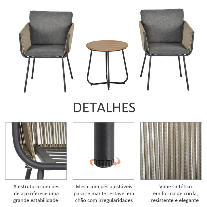 Conjunto de móveis de vime 1 mesa redonda e 2 cadeiras Poltrona com almofadas acolchoadas para varanda Aço cáqui e cinza