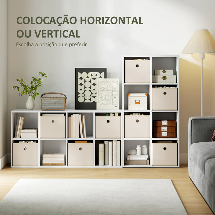 Estante Cubo Moderna Estante de Armazenamento Horizontal ou Vertical com 8 Compartimentos Abertos e 4 Gavetas de Tecido para Sala de Estar Quarto Escritório 105,9x30x53,7 cm Branco e Bege