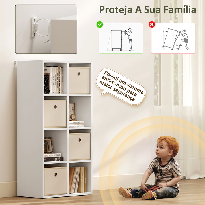 Estante Cubo Moderna Estante de Armazenamento Horizontal ou Vertical com 8 Compartimentos Abertos e 4 Gavetas de Tecido para Sala de Estar Quarto Escritório 105,9x30x53,7 cm Branco e Bege
