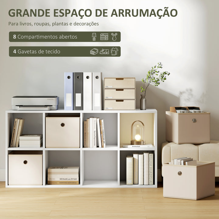 Estante Cubo Moderna Estante de Armazenamento Horizontal ou Vertical com 8 Compartimentos Abertos e 4 Gavetas de Tecido para Sala de Estar Quarto Escritório 105,9x30x53,7 cm Branco e Bege