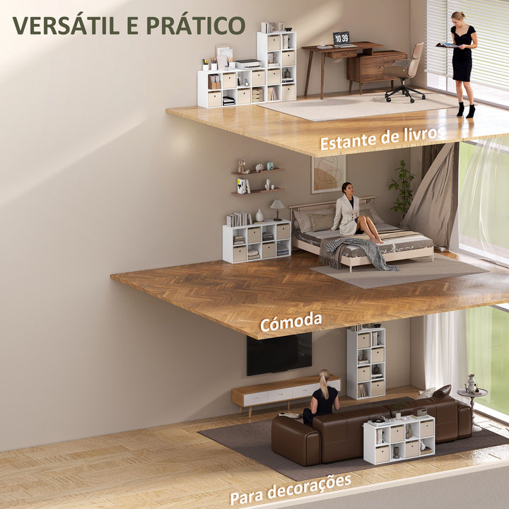 Estante Cubo Moderna Estante de Armazenamento Horizontal ou Vertical com 8 Compartimentos Abertos e 4 Gavetas de Tecido para Sala de Estar Quarto Escritório 105,9x30x53,7 cm Branco e Bege