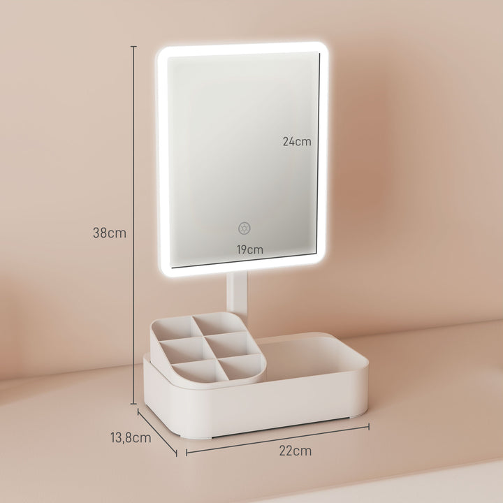Espelho de Maquilhagem com Luz LED Espelho de Toucador Recarregável com 2 Modos de Iluminação Rotação de 180° Brilho Ajustável Compartimentos Interruptor Tátil para Cuidado da Pele 22x13,8x38 cm Branco