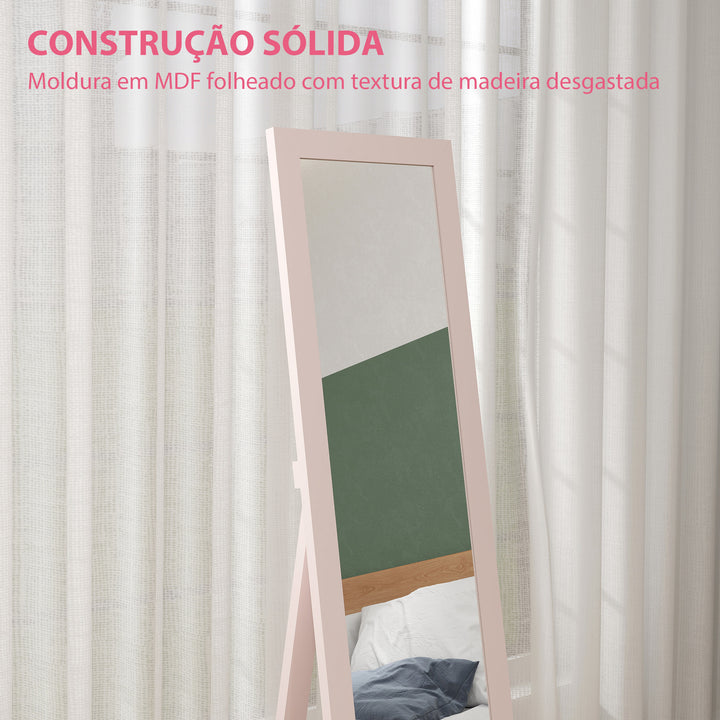 Espelho de Corpo Inteiro 37x155 cm Espelho de Pé Espelho de Parede Retangular com Estrutura de Madeira Decorativo para Sala de Estar Dormitório Corredor Rosa Claro