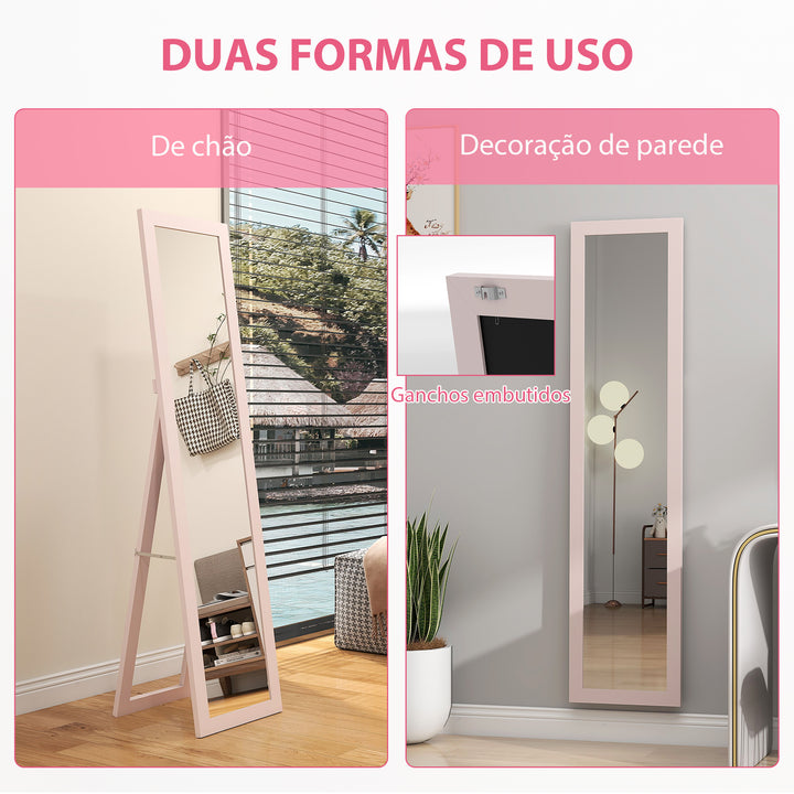 Espelho de Corpo Inteiro 37x155 cm Espelho de Pé Espelho de Parede Retangular com Estrutura de Madeira Decorativo para Sala de Estar Dormitório Corredor Rosa Claro