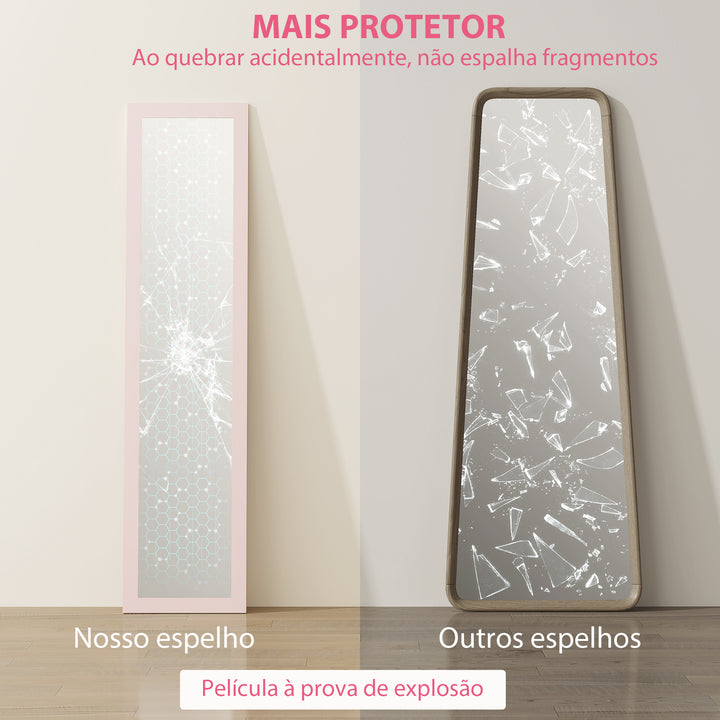 Espelho de Corpo Inteiro 37x155 cm Espelho de Pé Espelho de Parede Retangular com Estrutura de Madeira Decorativo para Sala de Estar Dormitório Corredor Rosa Claro