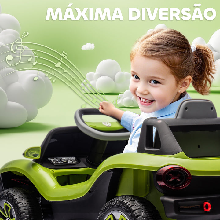 Carro Elétrico para Crianças acima de 3 Anos Volkswagen E-Buggy Bateria 12V com Controlo Remoto 2,4 G Rodas com Suspensão Faróis LED Música USB e Motor Duplo 98x56,5x47 cm Verde