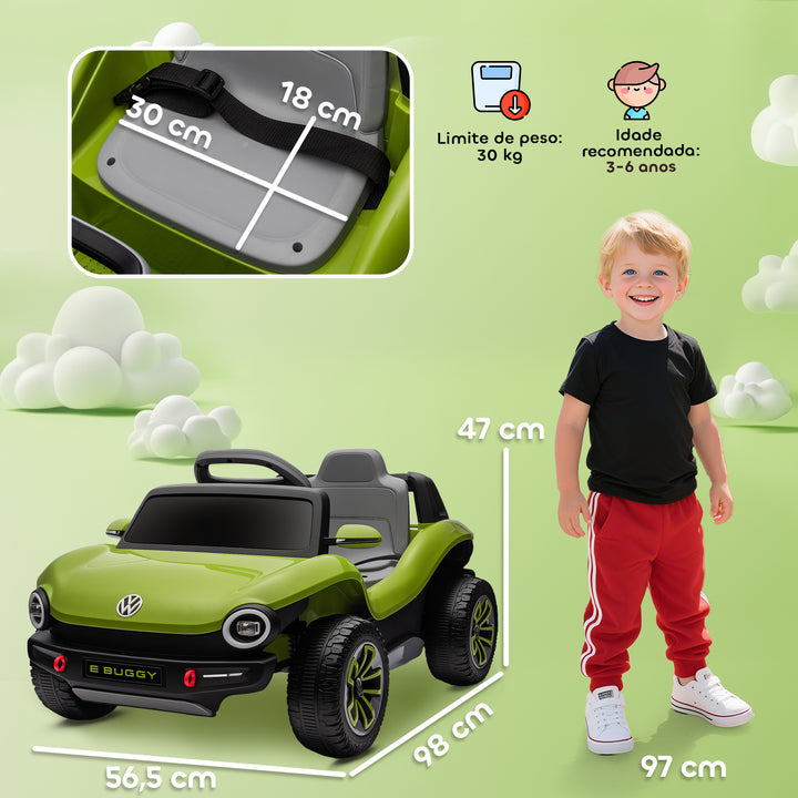 Carro Elétrico para Crianças acima de 3 Anos Volkswagen E-Buggy Bateria 12V com Controlo Remoto 2,4 G Rodas com Suspensão Faróis LED Música USB e Motor Duplo 98x56,5x47 cm Verde