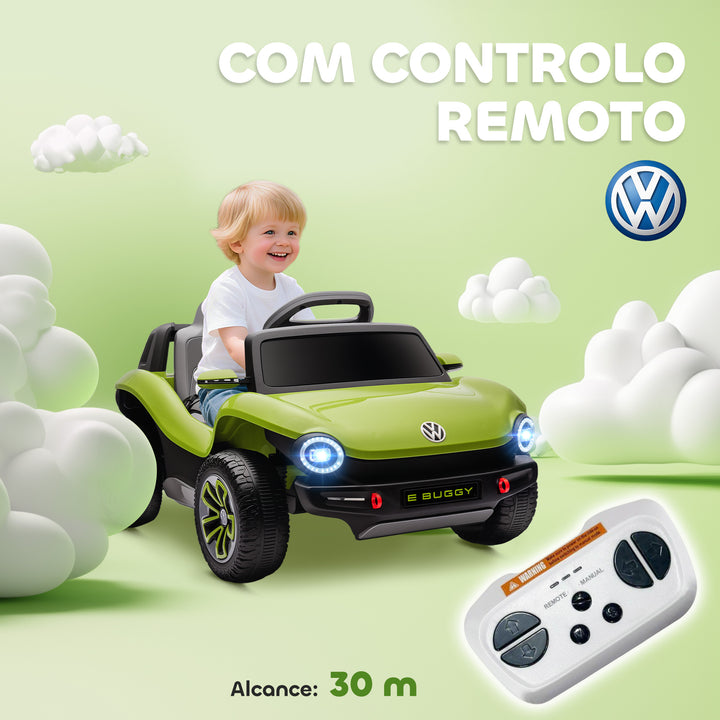 Carro Elétrico para Crianças acima de 3 Anos Volkswagen E-Buggy Bateria 12V com Controlo Remoto 2,4 G Rodas com Suspensão Faróis LED Música USB e Motor Duplo 98x56,5x47 cm Verde