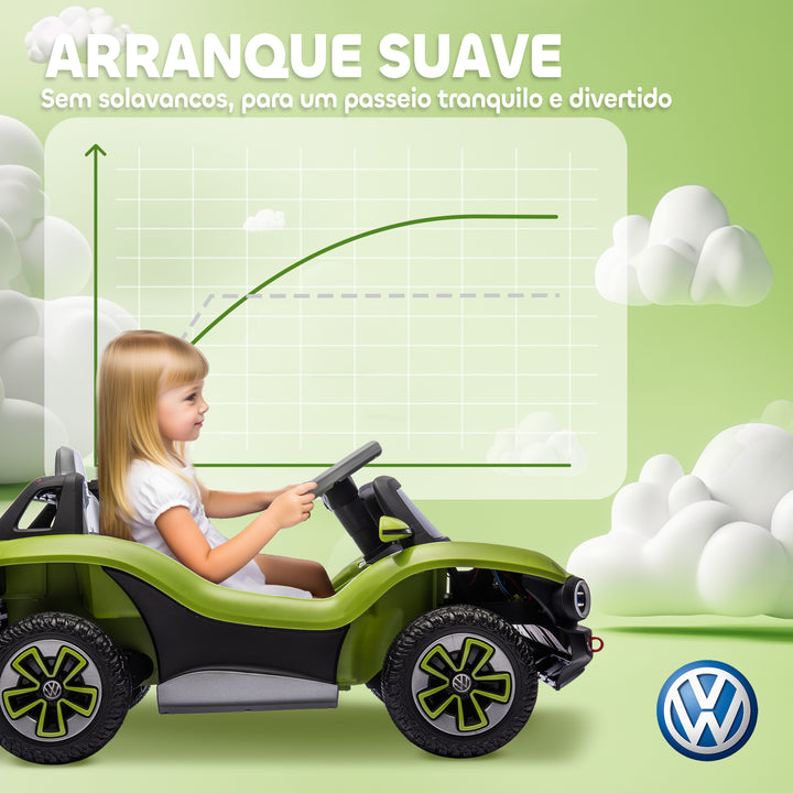 Carro Elétrico para Crianças acima de 3 Anos Volkswagen E-Buggy Bateria 12V com Controlo Remoto 2,4 G Rodas com Suspensão Faróis LED Música USB e Motor Duplo 98x56,5x47 cm Verde