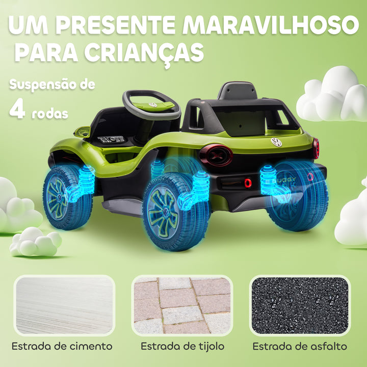 Carro Elétrico para Crianças acima de 3 Anos Volkswagen E-Buggy Bateria 12V com Controlo Remoto 2,4 G Rodas com Suspensão Faróis LED Música USB e Motor Duplo 98x56,5x47 cm Verde