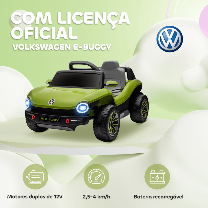 Carro Elétrico para Crianças acima de 3 Anos Volkswagen E-Buggy Bateria 12V com Controlo Remoto 2,4 G Rodas com Suspensão Faróis LED Música USB e Motor Duplo 98x56,5x47 cm Verde