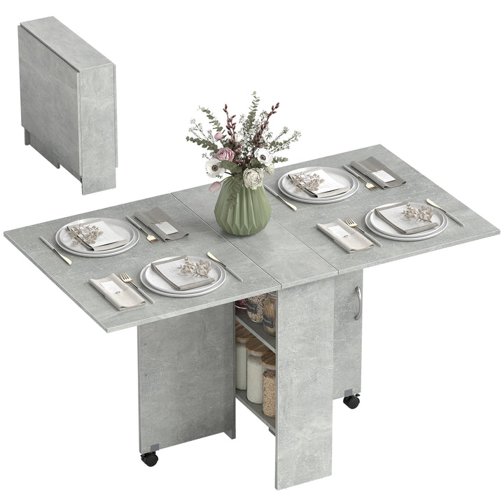 Mesa de Sala de Jantar Dobrável Mesa de Madeira com 2 Prateleiras de Armazenamento e Rodas para Cozinha 75x140x74 cm Cinza