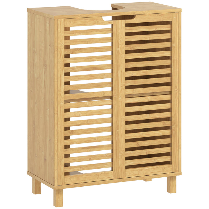 Móvel para Lavatório Pousar Móvel de Casa de Banho de Bambu com 2 Portas de Ripas Prateleira Ajustável para Lavatórios com ou sem Pedestal 60x30x80 cm Madeira