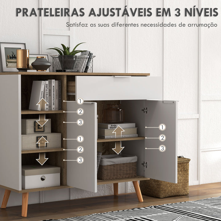 Aparador de Sala de Estar Aparador de Cozinha com 1 Gaveta 2 Portas de Fechamento Suave e Prateleiras Ajustáveis para Sala de Jantar Corredor Dormitório 95x35x85 cm Branco e Madeira