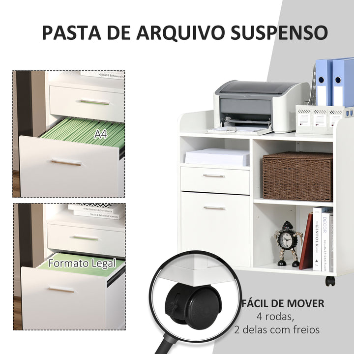 Armário para Impressora Armário Multifuncional de Escritório com 3 Compartimentos 2 Gavetas para Arquivos Prateleira Ajustável 2 Rodas com Freios 80x40x72 cm Branco