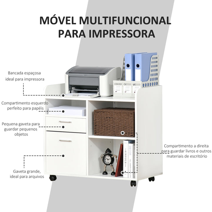 Armário para Impressora Armário Multifuncional de Escritório com 3 Compartimentos 2 Gavetas para Arquivos Prateleira Ajustável 2 Rodas com Freios 80x40x72 cm Branco