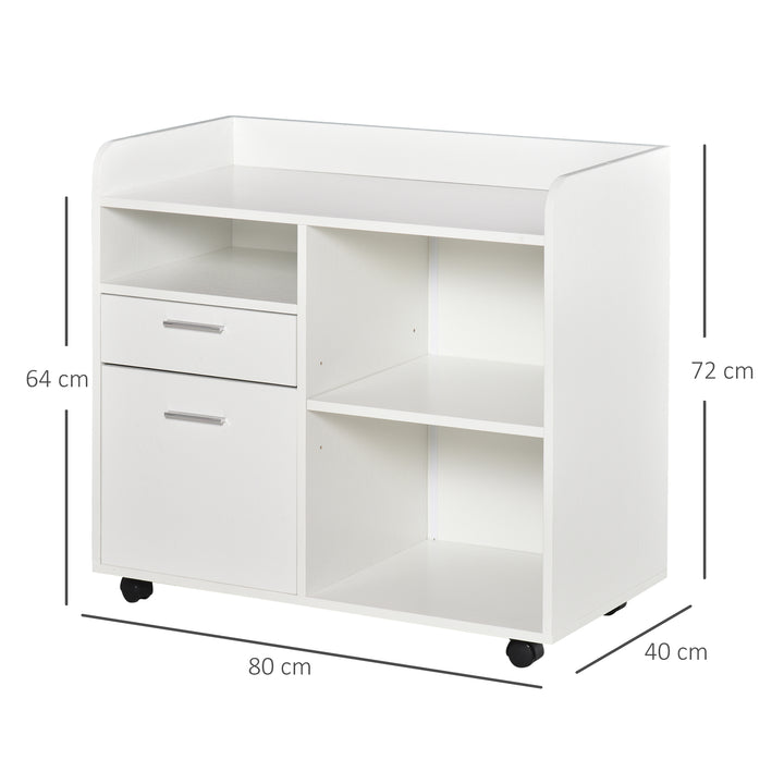 Armário para Impressora Armário Multifuncional de Escritório com 3 Compartimentos 2 Gavetas para Arquivos Prateleira Ajustável 2 Rodas com Freios 80x40x72 cm Branco