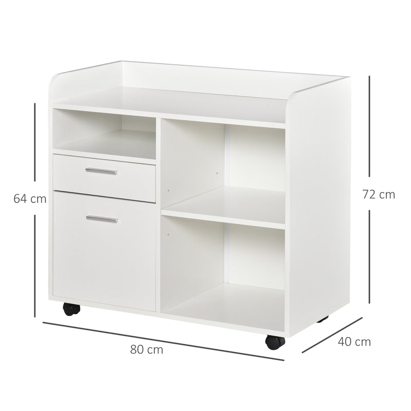 Armário para Impressora Armário Multifuncional de Escritório com 3 Compartimentos 2 Gavetas para Arquivos Prateleira Ajustável 2 Rodas com Freios 80x40x72 cm Branco