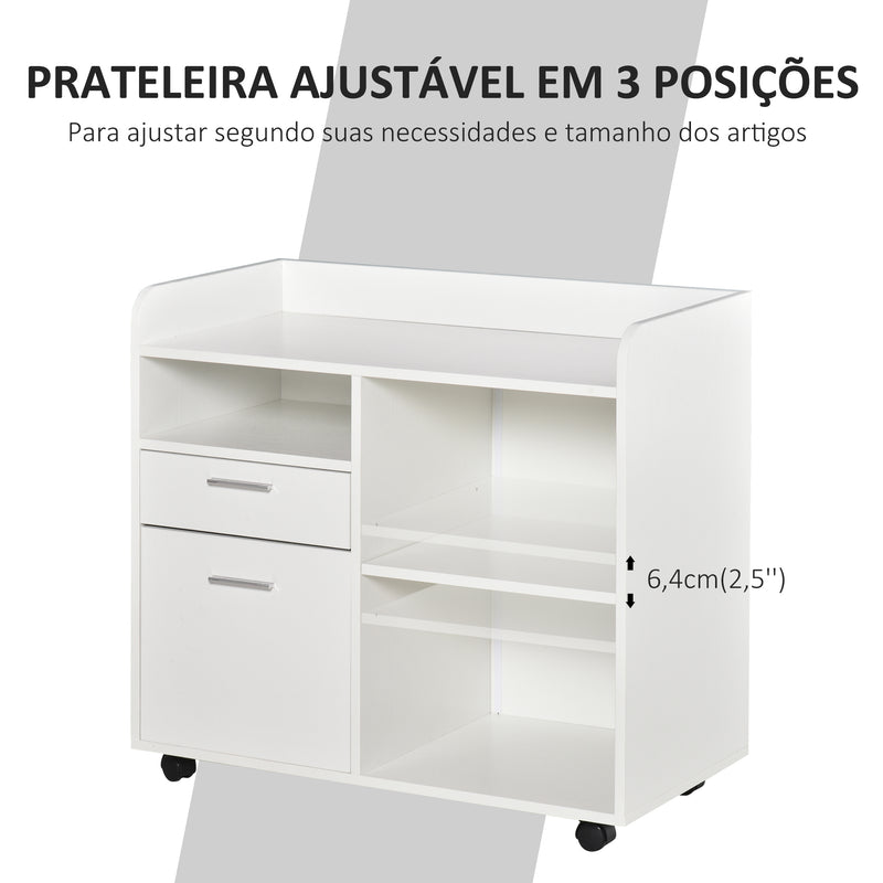 Armário para Impressora Armário Multifuncional de Escritório com 3 Compartimentos 2 Gavetas para Arquivos Prateleira Ajustável 2 Rodas com Freios 80x40x72 cm Branco