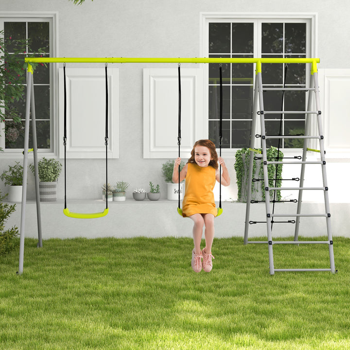 Baloiço para Crianças 4 em 1 Baloiço Jardim com 2 Baloiços Trepador Rede de Escalada Corda Ajustável e Anti-UV Baloiço Infantil Carga 180 kg 260x185x180 cm Cinza e Verde