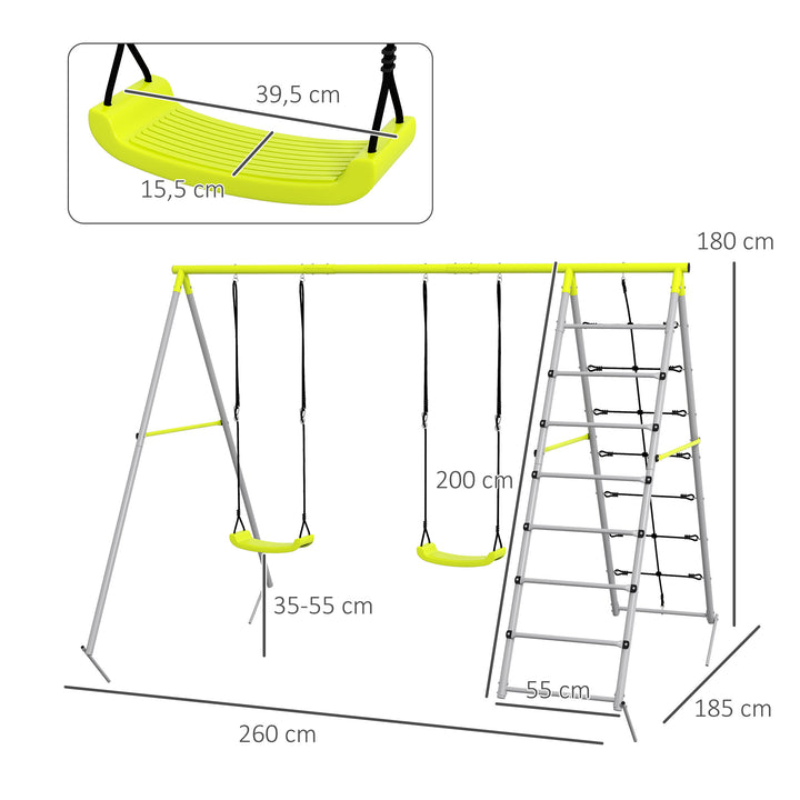 Baloiço para Crianças 4 em 1 Baloiço Jardim com 2 Baloiços Trepador Rede de Escalada Corda Ajustável e Anti-UV Baloiço Infantil Carga 180 kg 260x185x180 cm Cinza e Verde
