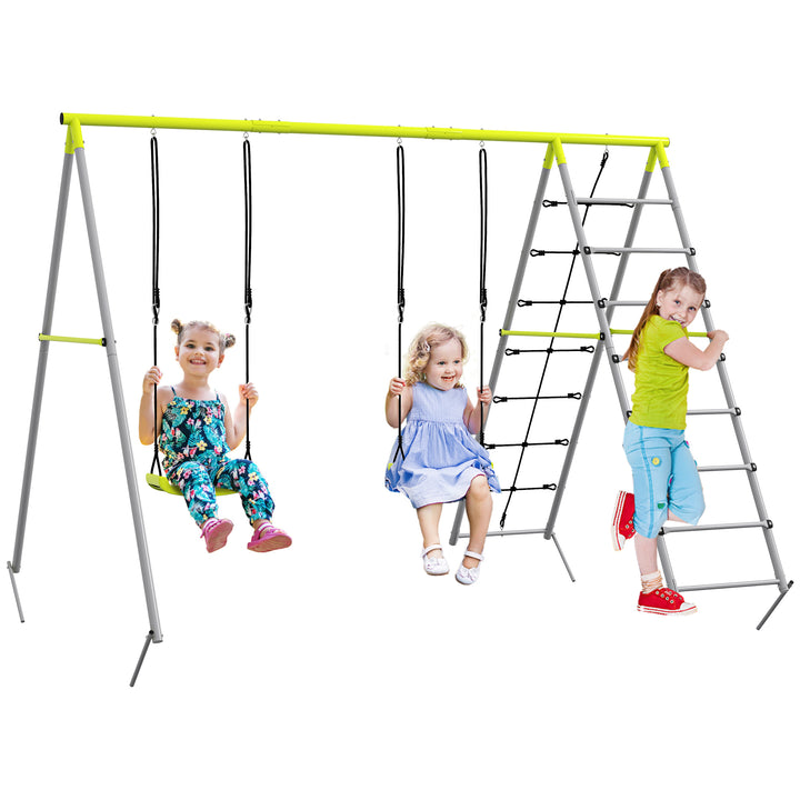 Baloiço para Crianças 4 em 1 Baloiço Jardim com 2 Baloiços Trepador Rede de Escalada Corda Ajustável e Anti-UV Baloiço Infantil Carga 180 kg 260x185x180 cm Cinza e Verde