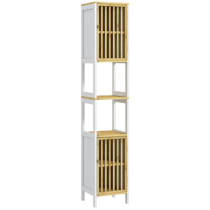 Coluna de Casa de Banho Armário Alto de Casa de Banho com 2 Estantes Abertos 2 Armários com Portas de Ripas e Prateleiras Ajustáveis 32x30x172 cm Branco